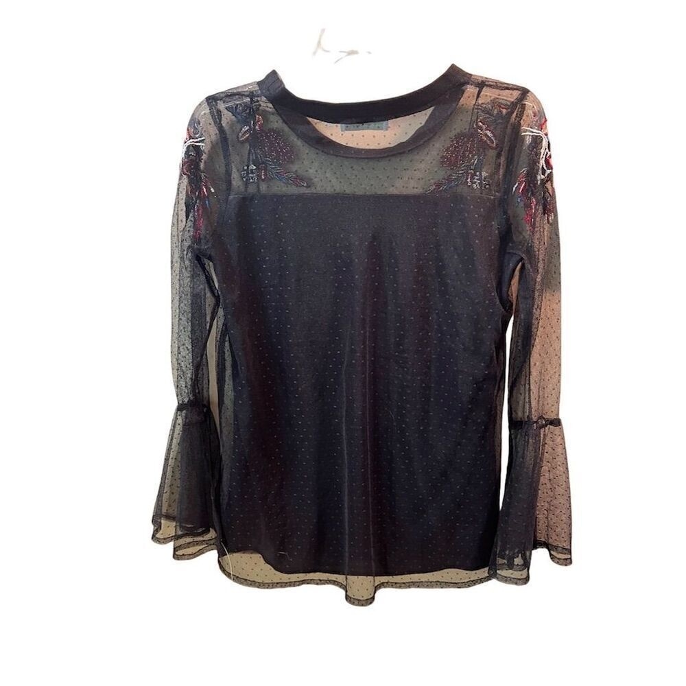 Paradiso Women's Floral Embroidered Mesh Top Black S Bell Sleeves - Picture 6 of 8